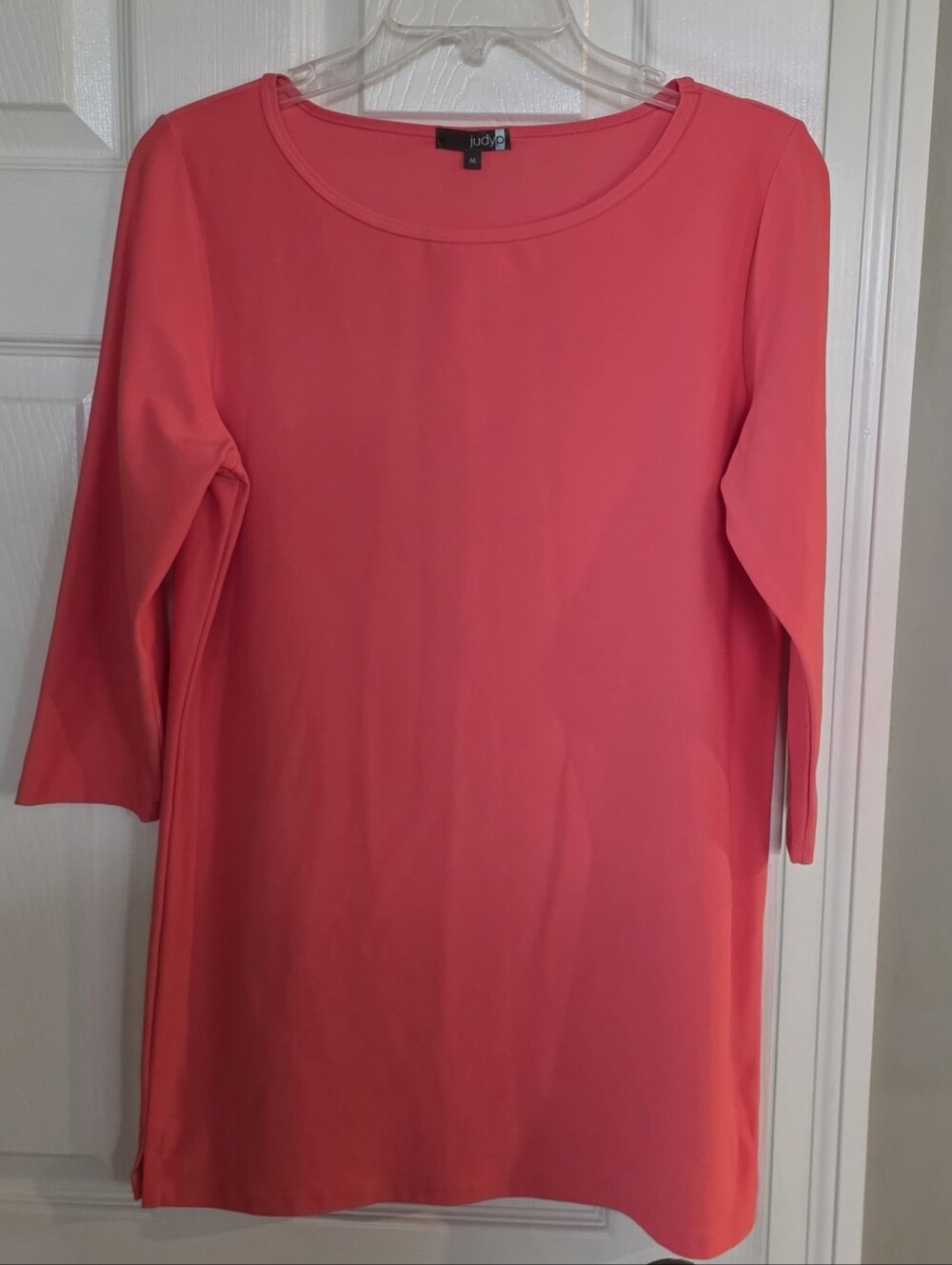 Judy P Coral 3/4 Sleeve Microfiber Scoop Neck Dress Medium